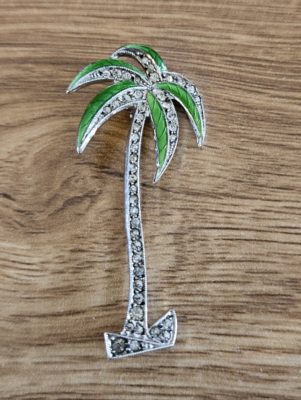 Vintage Sterling Silver Uncas Green Enamel Marcasite Palm Brooch